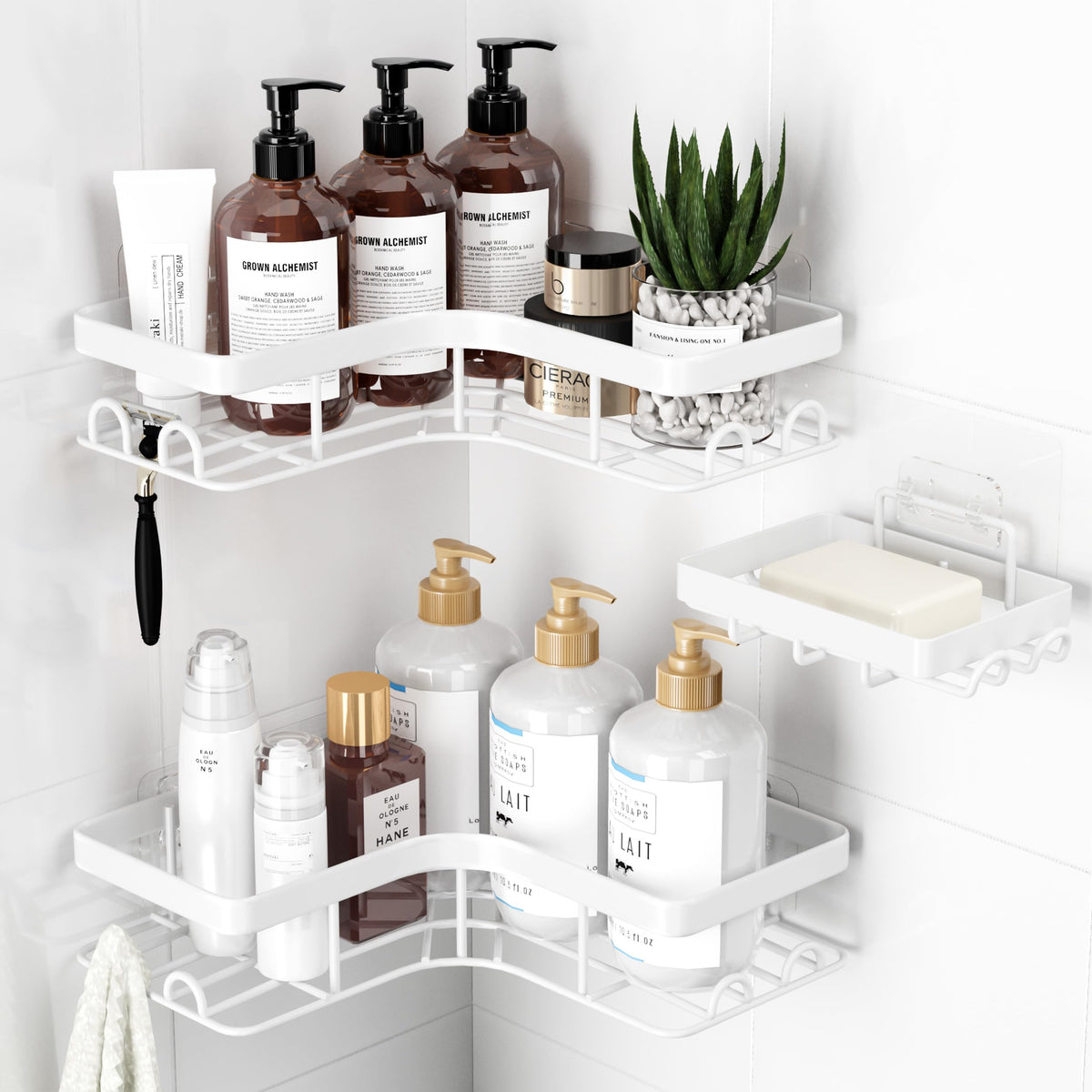 Sakugi Corner Shower Caddy installed in a corner for space-saving organization.