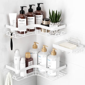 Sakugi Corner Shower Caddy installed in a corner for space-saving organization.