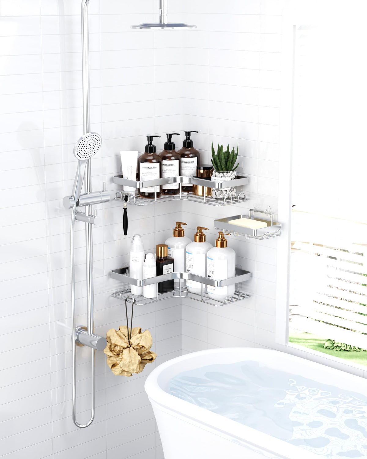 Sakugi soap shelf with built-in hooks keeps razor and loofah dry and accessible.