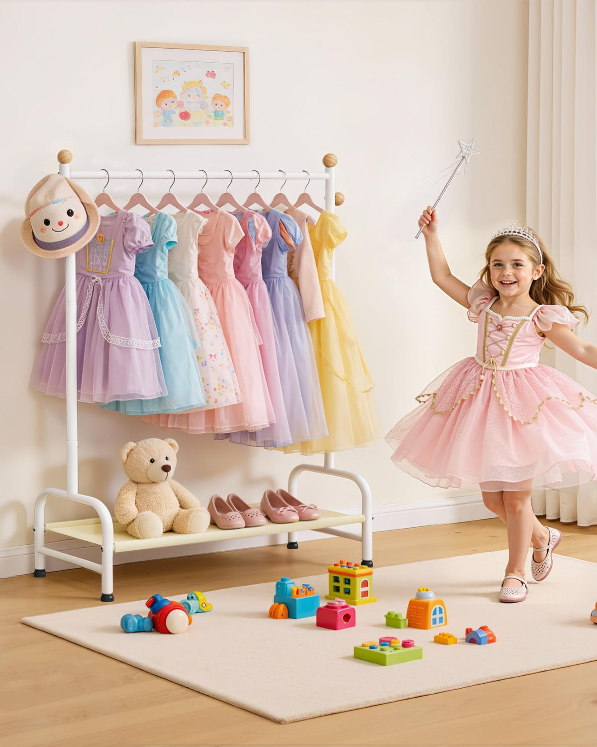 Sakugi rack placed in playroom highlighting organized outfit rotation