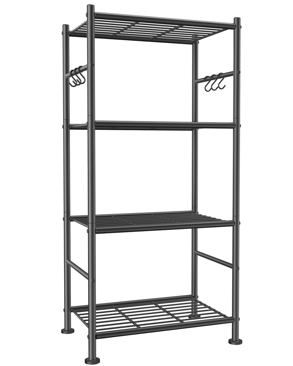 Sakugi four-tier storage shelves with side hooks offer versatile hanging space for towels or tools.