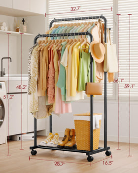 Sakugi garment rack on wheels with lockable casters for easy mobility and stability.
