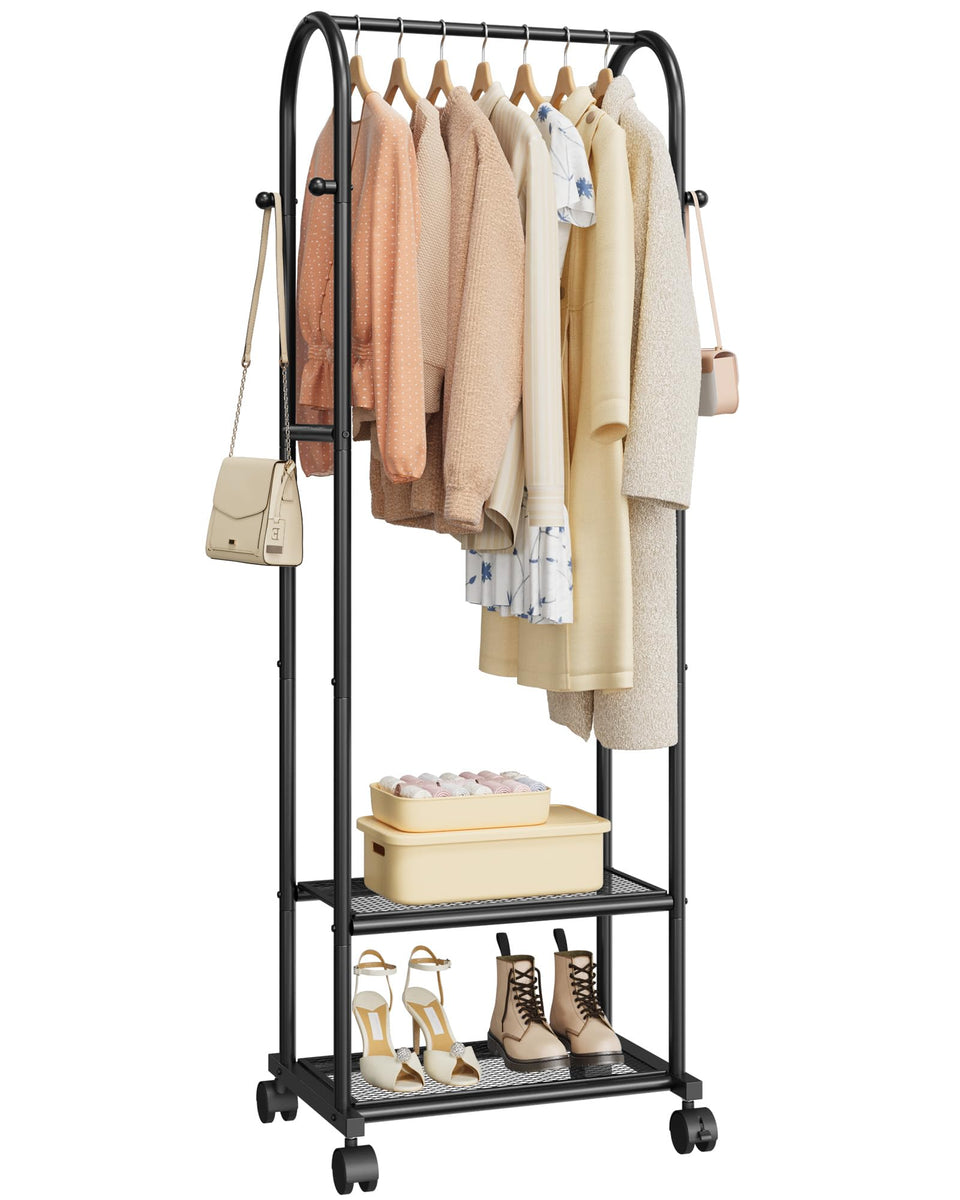 Sakugi heavy-duty clothes rack vertical design maximizes storage in small rooms.