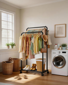 Sakugi clothes rack accommodates longer garments without dragging or crowding.