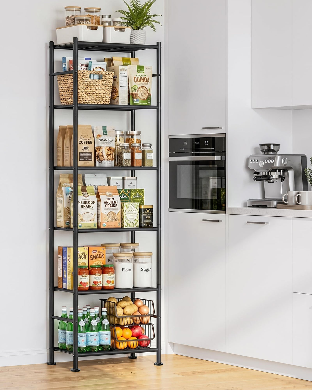 Sakugi metal shelving unit with adjustable shelves enables flexible pantry organization.