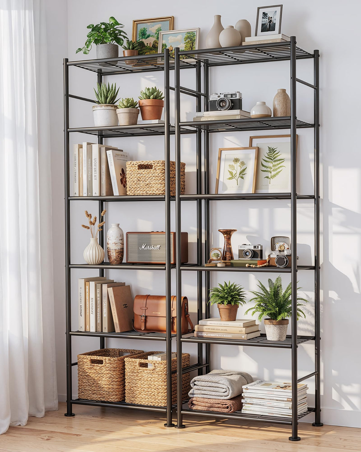 Sakugi rust resistant black finish shelving remains sleek in kitchen and bath.
