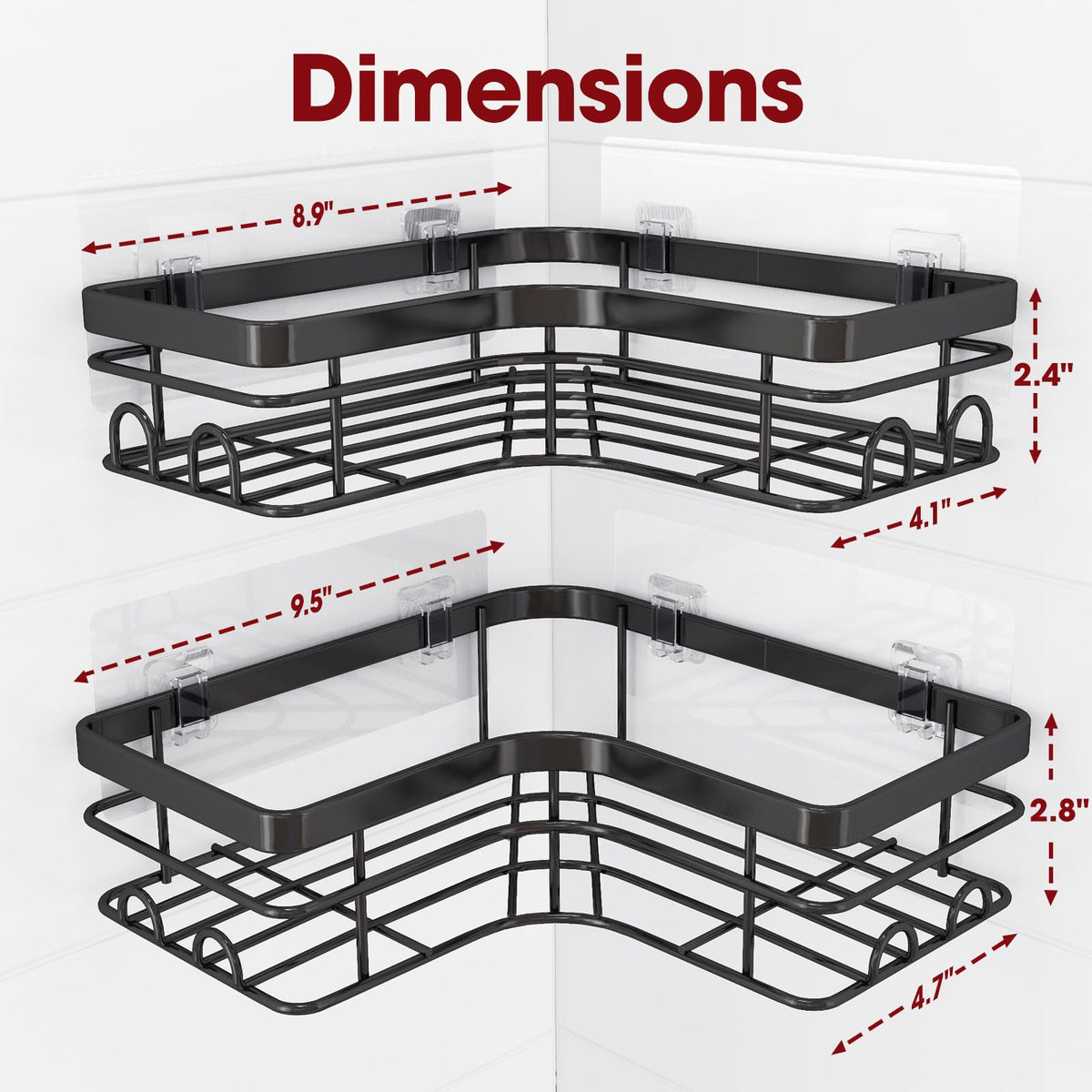 Sakugi stainless steel shower shelves with 8 hooks in black for durable, rustproof use.
