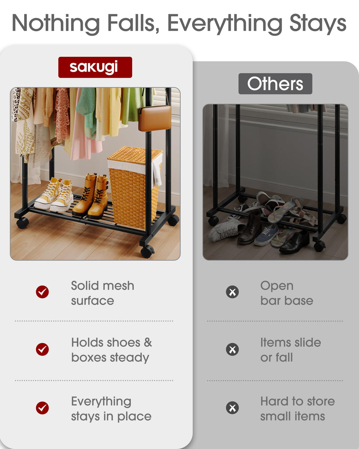 Sakugi storage rack with hooks and side bars for bags and belts.