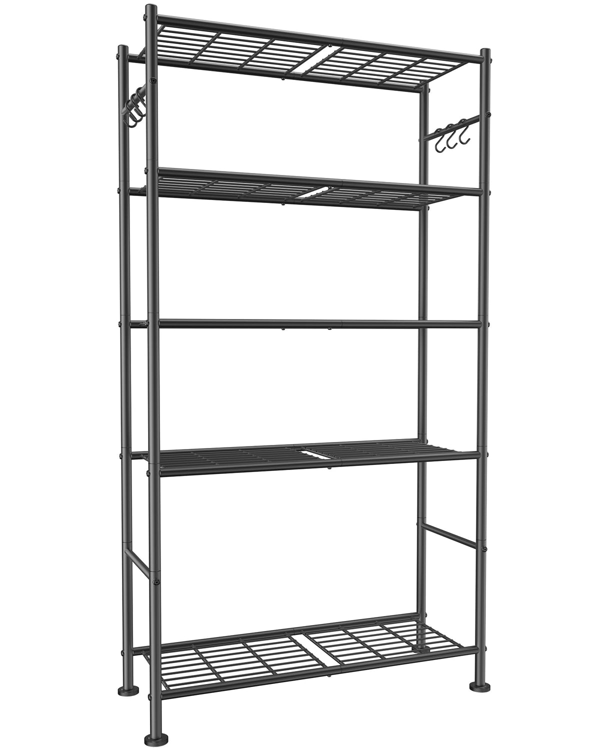 Sakugi 5-tier storage shelves front view with hooks for towels and tools.