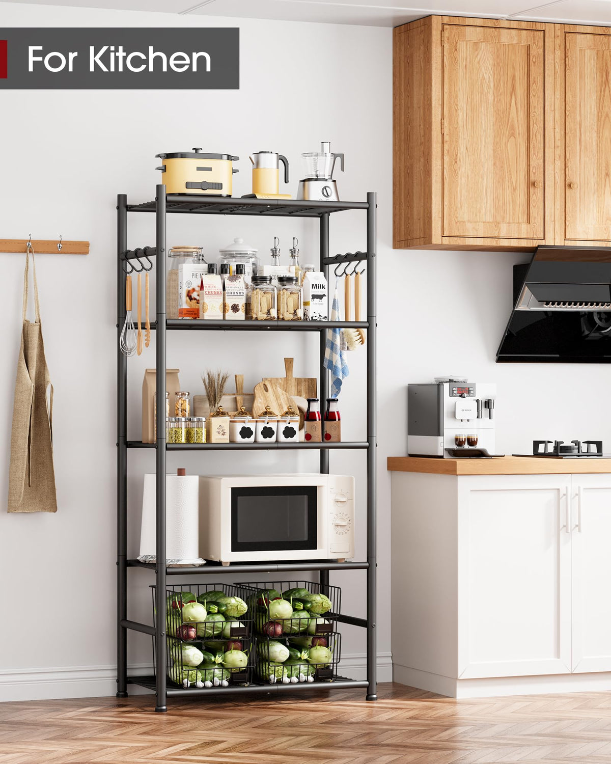 Sakugi 5-tier in-use with hooks demonstrates hanging towels and tools.