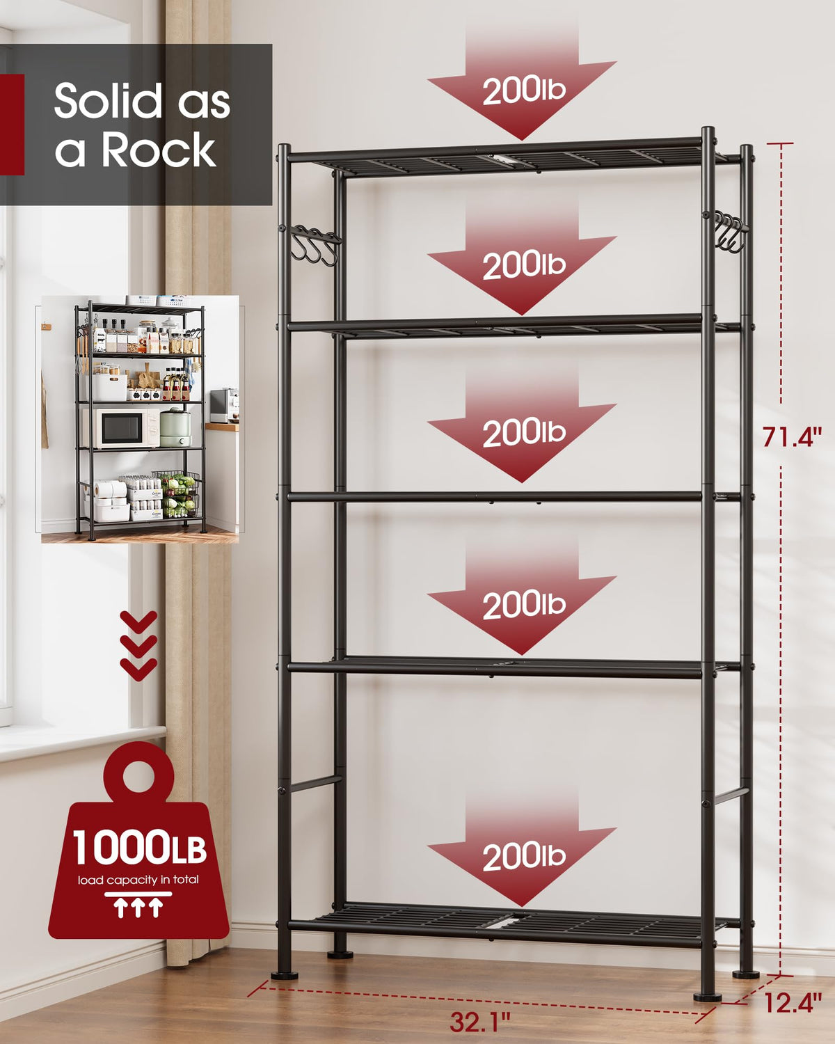Sakugi 5-tier side view showing robust frame for heavy items.