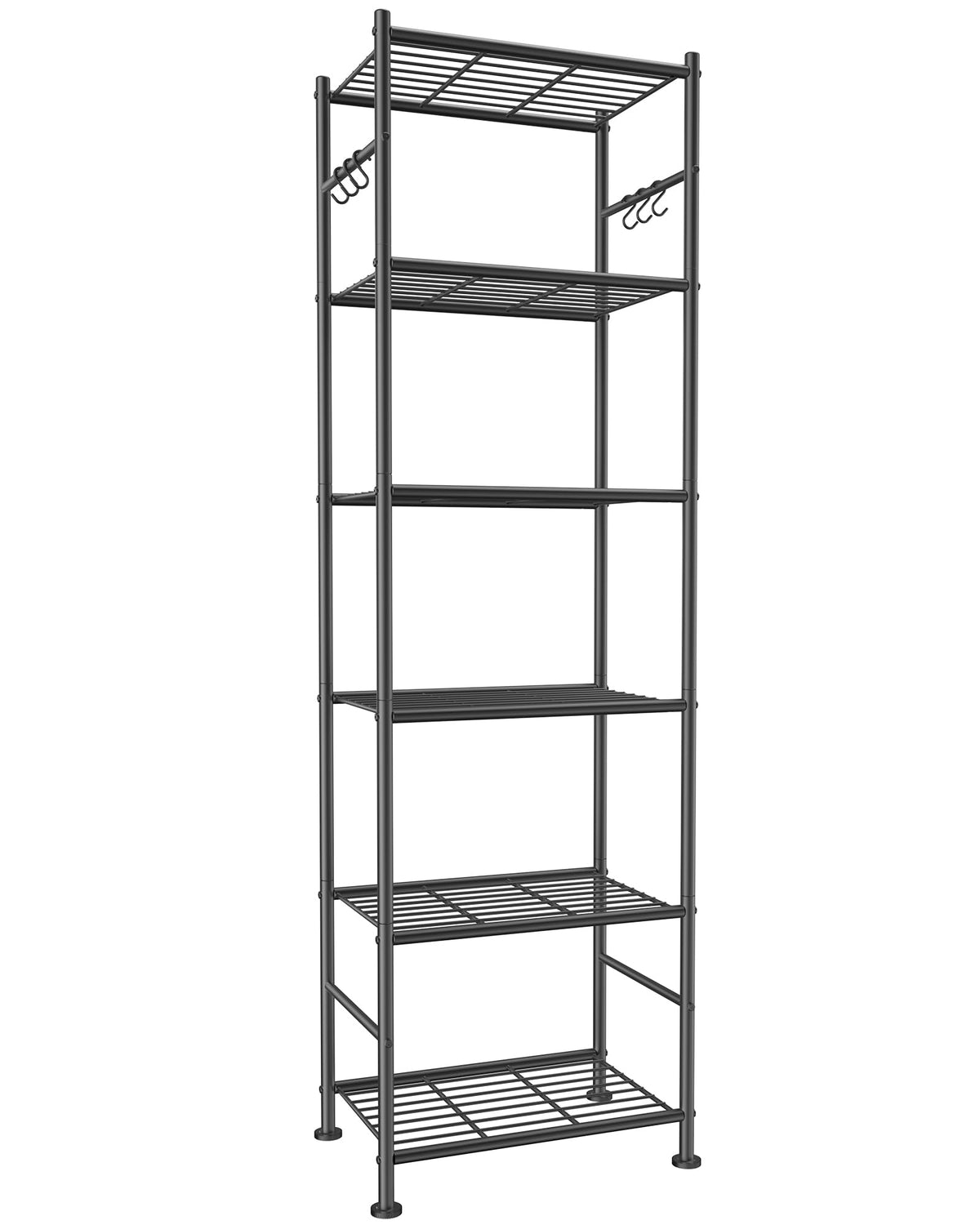 Sakugi 6-tier storage shelves with hooks keeps towels and tools organized.