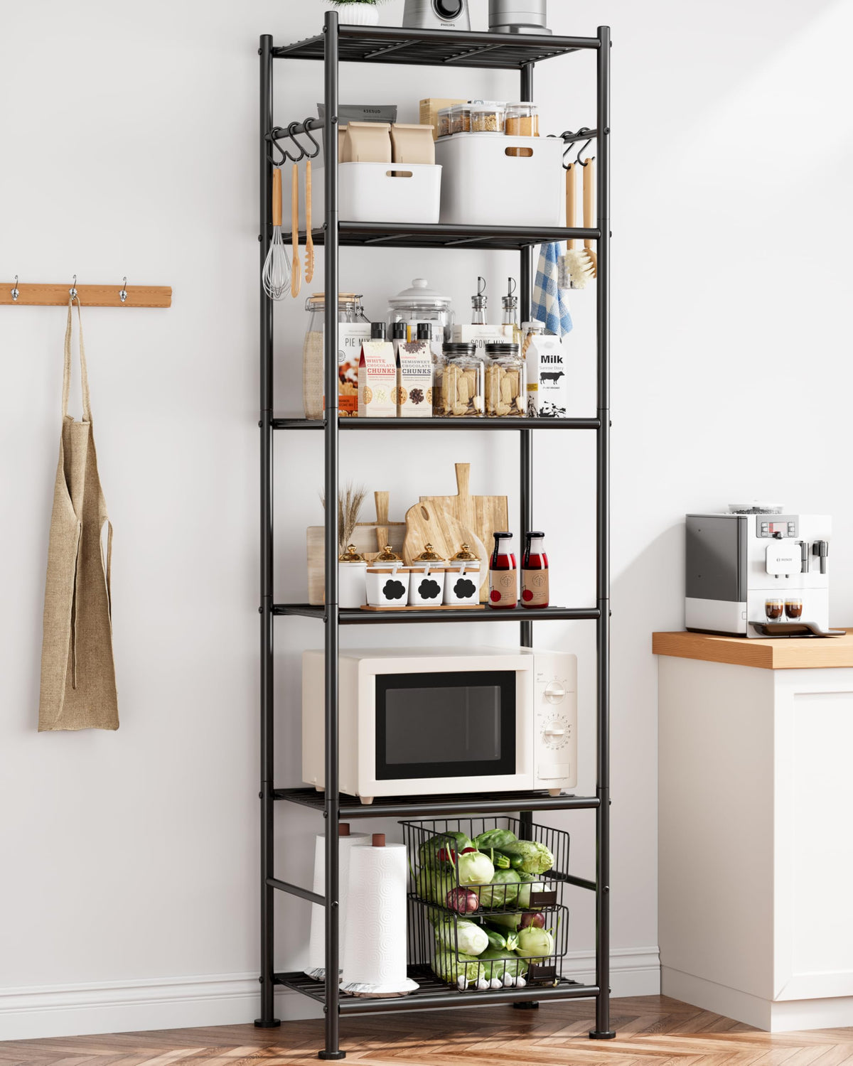 Sakugi 6-tier leveling feet shelf stabilizes on uneven floors for reliable use.