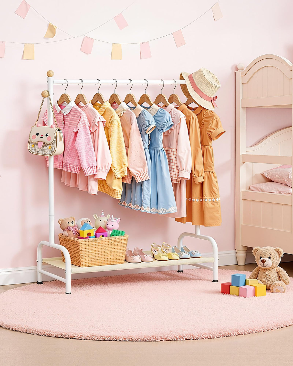 Sakugi dress-up rack in a nursery setting blends white metal and wood accents
