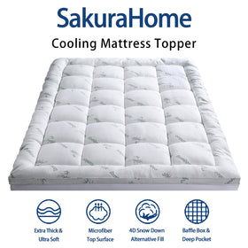 Elastic deep-pocket skirt on SakuraHome topper secures a firm fit on thick mattresses.