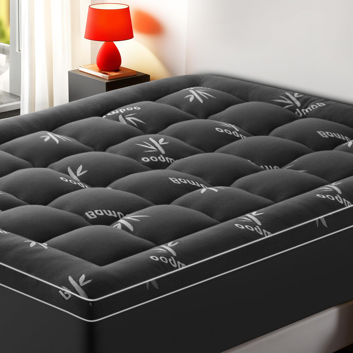 SakuraHome queen size mattress topper on bed for enhanced comfort.