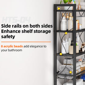 Salakita 4-tier bathroom organizer in rustic brown complements the black metal frame for a stylish bath.