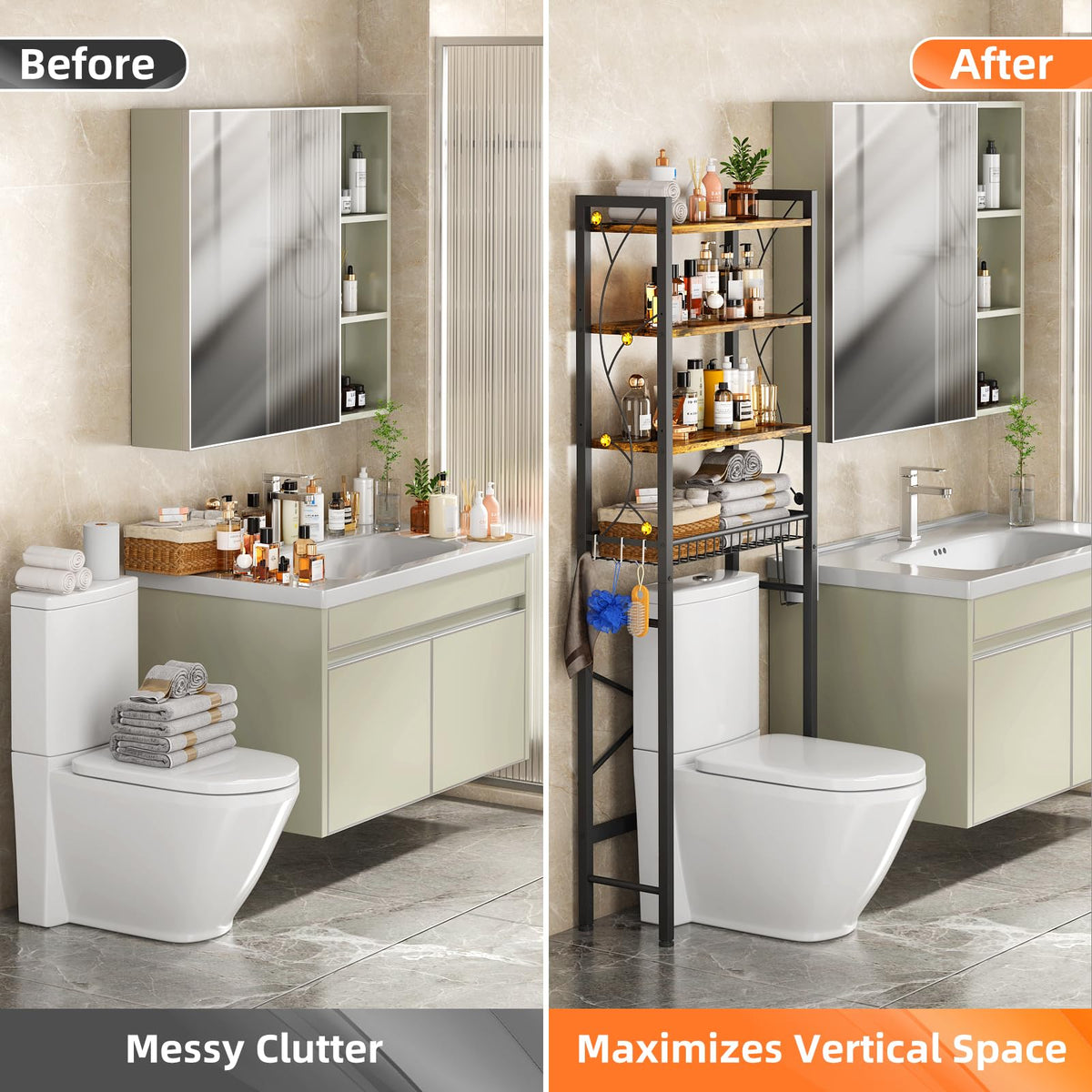 Salakita over-toilet rack features anti-fall basket design for secure storage.