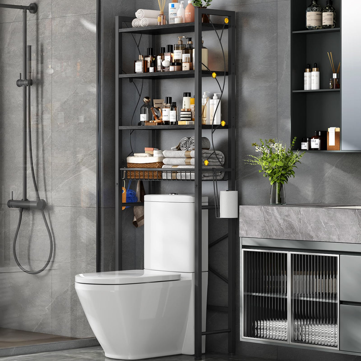 Salakita over-the-toilet rack assembly guide demonstrates quick setup for bathroom organization.