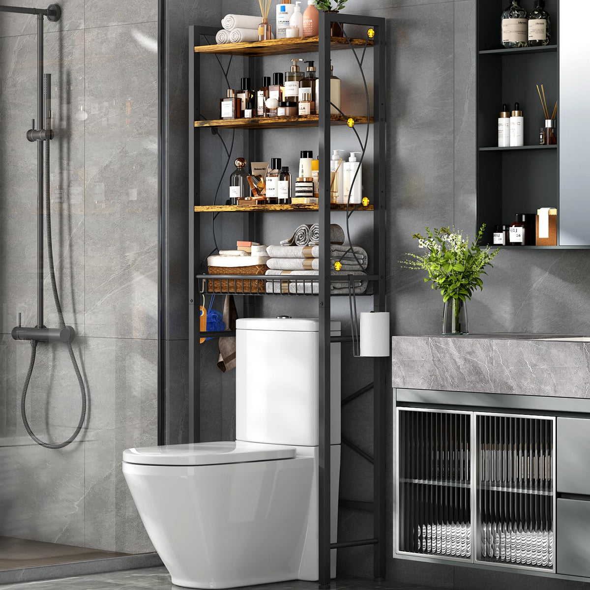 Salakita over-the-toilet storage rack with adjustable shelves for compact bathroom organization.