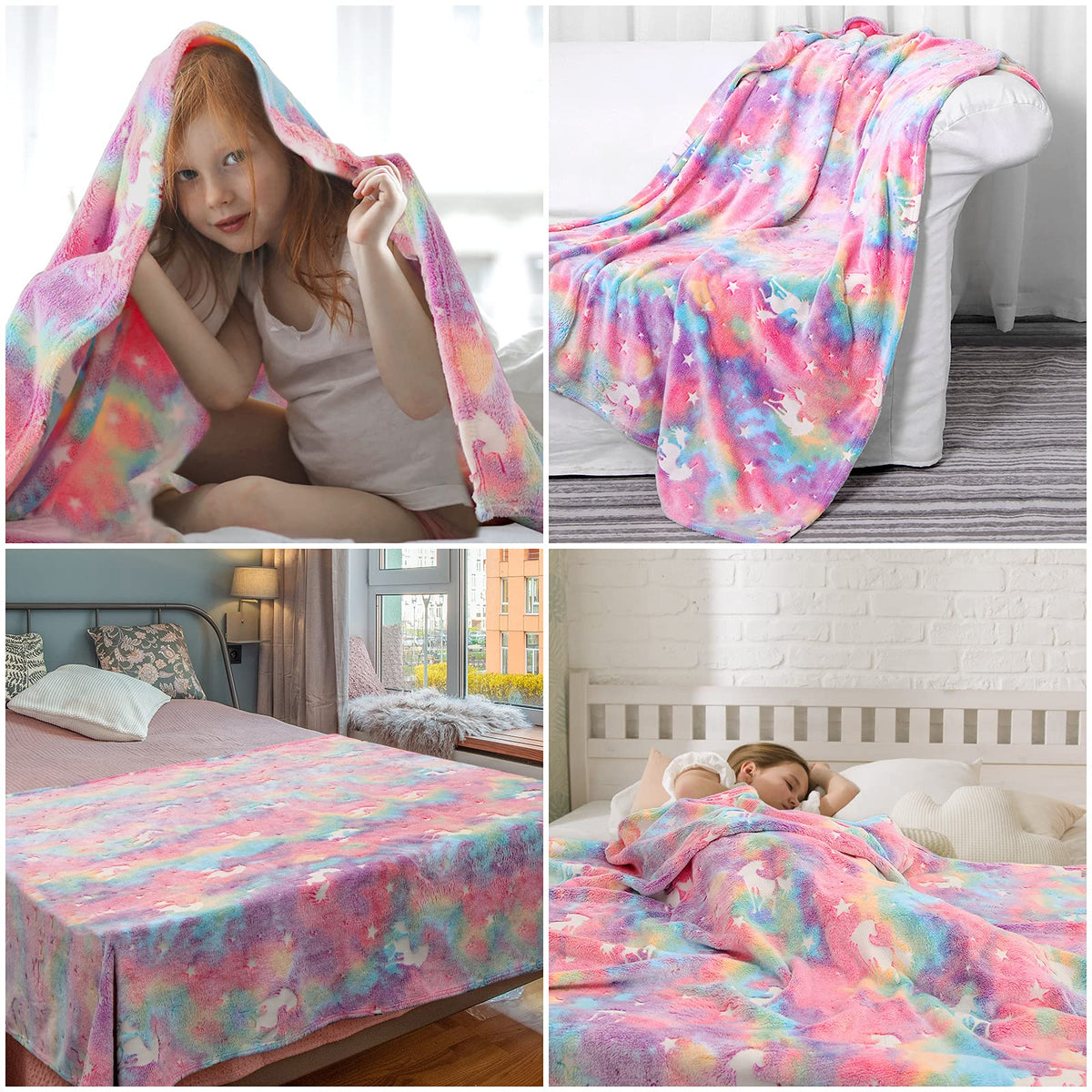 SALIMAH glow-in-the-dark unicorn blanket glows at night for magical bedtime moments.