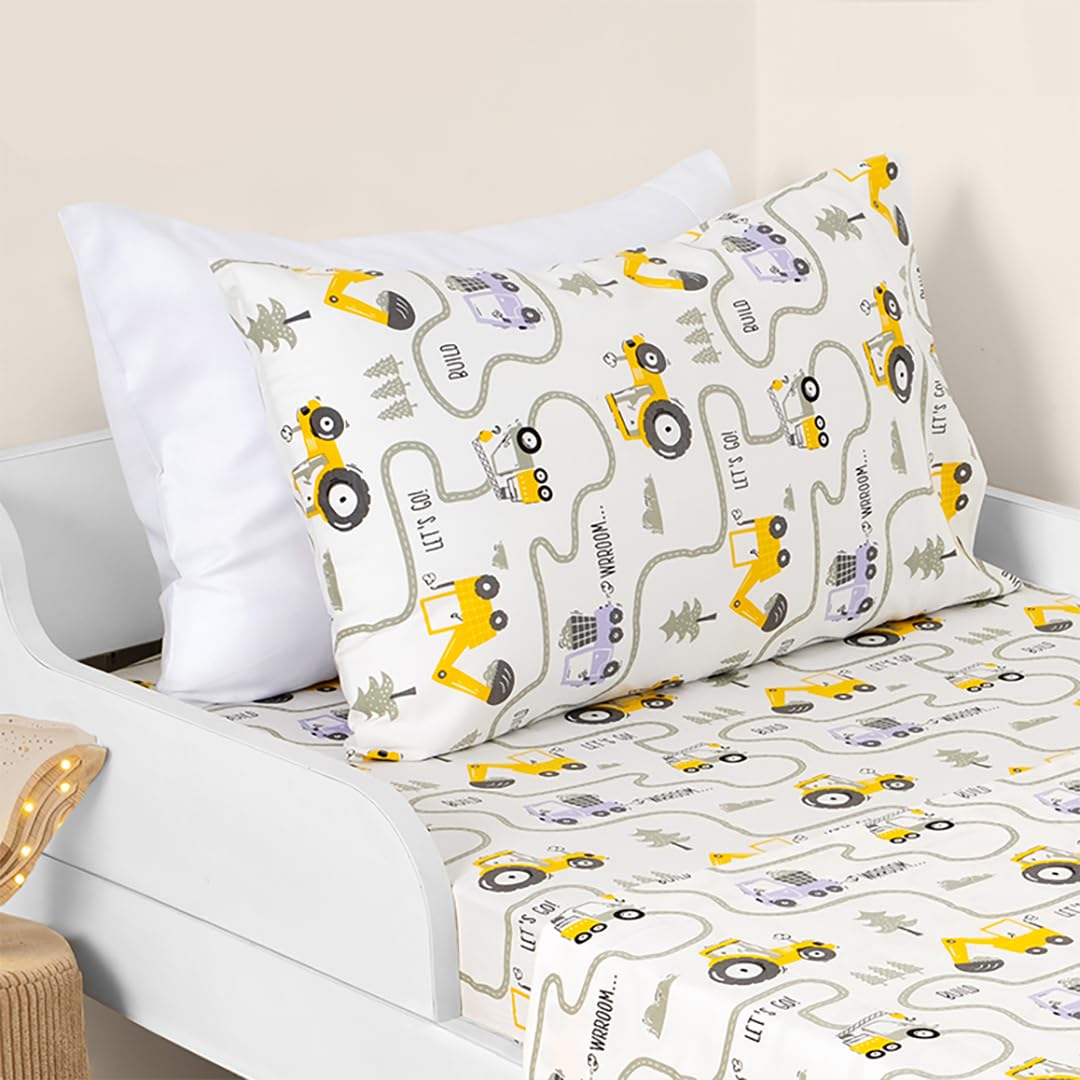 Salt Earth Tractor kids bedsheet care guidance with cold machine wash instruction.