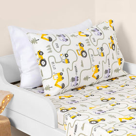 Salt Earth Tractor kids bedsheet care guidance with cold machine wash instruction.
