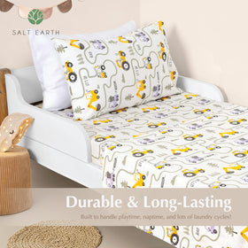 Salt Earth Tractor kids bedsheet fitted view shows snug deep pockets for secure fit.