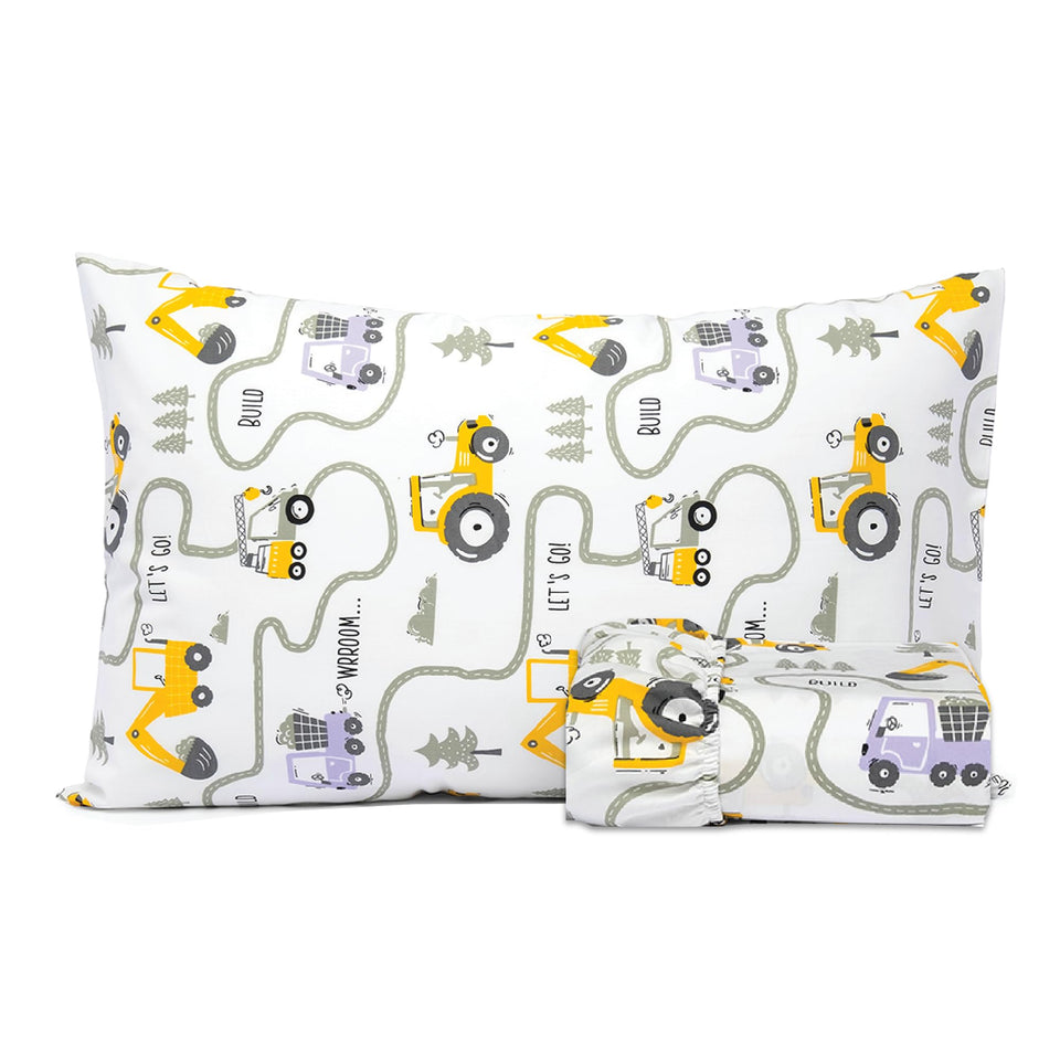 Salt Earth tractor kids bedsheet fitted on a twin bed for snug comfort.