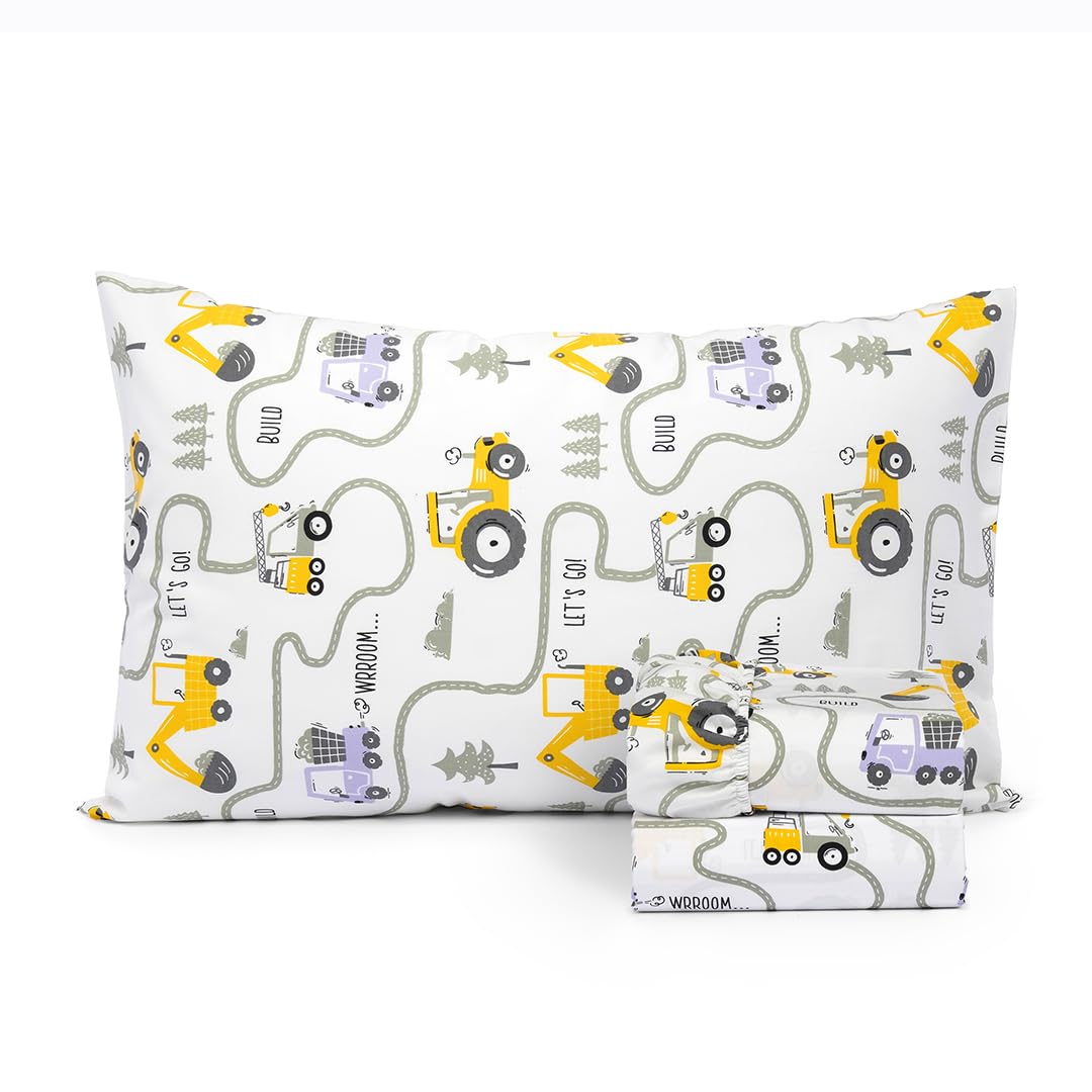 Salt Earth Tractor kids bedsheet flat view highlights soft, breathable 100% cotton fabric.