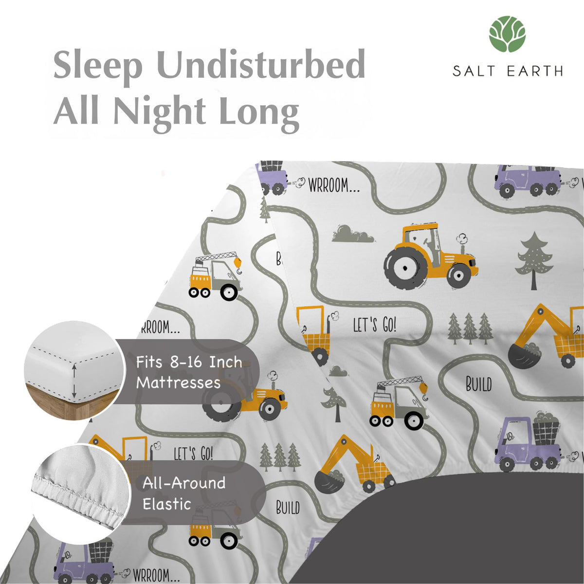 Salt Earth Tractor kids bedsheet set packaging ready-to-use 3-piece bundle for quick setup.