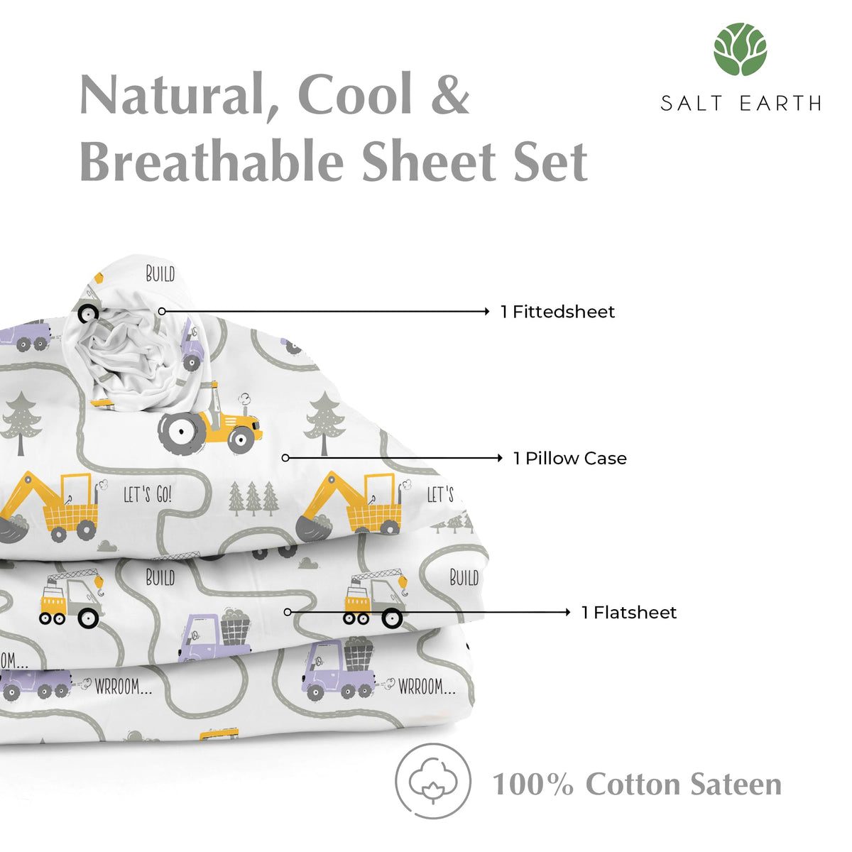 Salt Earth Tractor kids bedsheet pillowcase close-up with vibrant print and smooth weave.