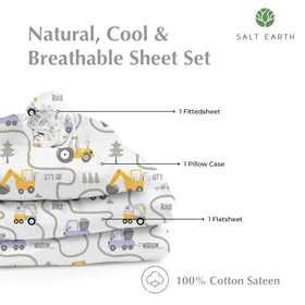 Salt Earth Tractor kids bedsheet pillowcase close-up with vibrant print and smooth weave.