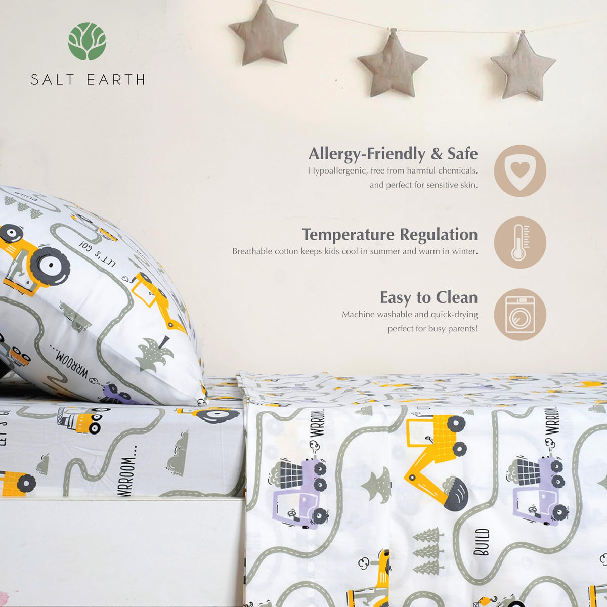 Salt Earth Tractor kids bedsheet in a playful room illustrating twin bed versatility.