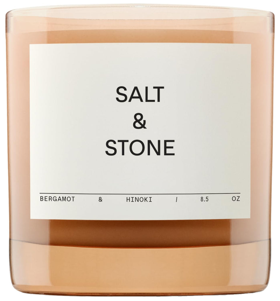 Salt & Stone bergamot hinoki candle in a glass jar for a crisp, uplifting aroma.
