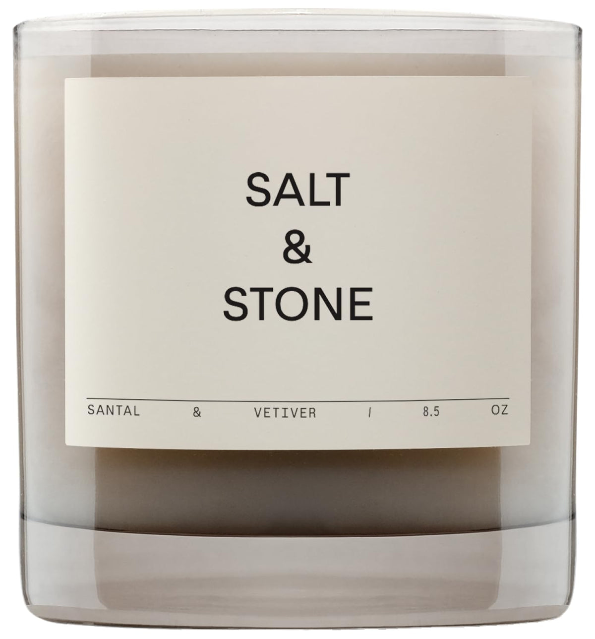 Salt & Stone Santal Vetiver candle in a glass jar for warm ambience.
