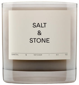 Salt & Stone Santal Vetiver candle in a glass jar for warm ambience.