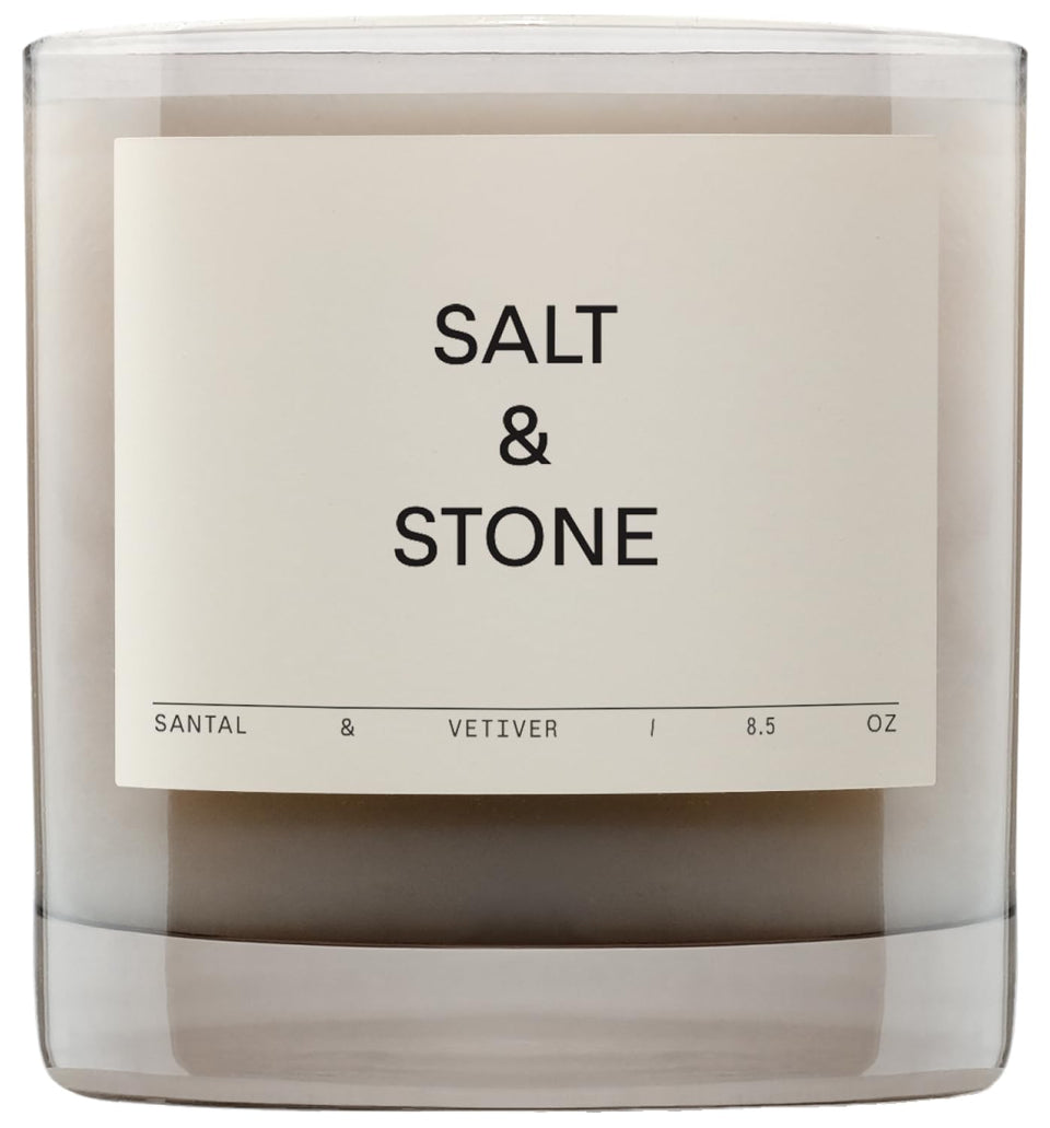 Salt & Stone Santal Vetiver candle in a glass jar for warm ambience.