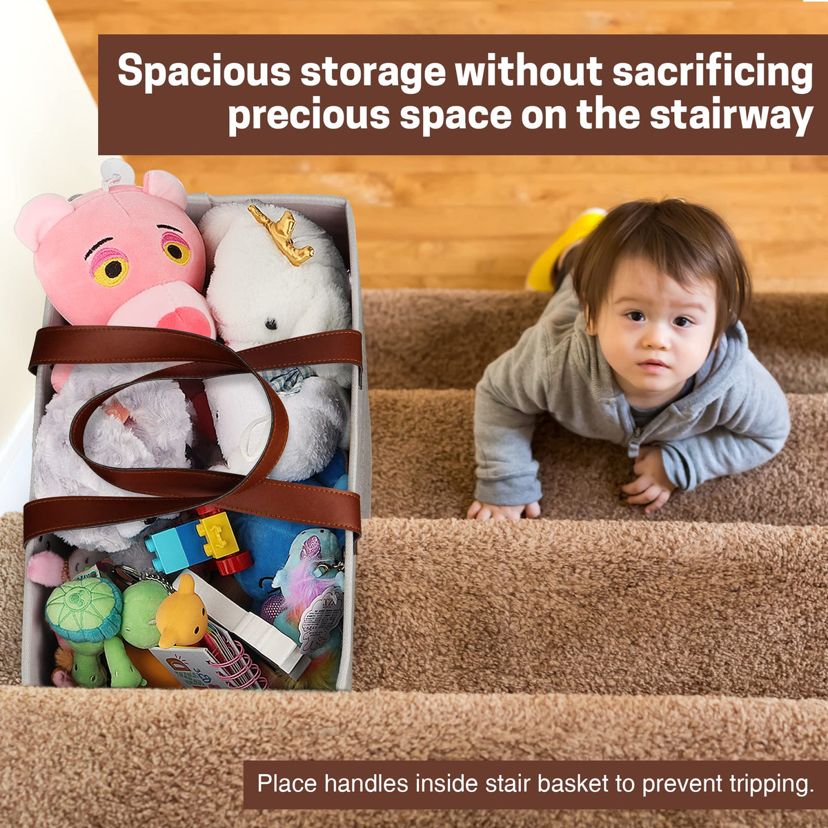 SAM AND MABEL stair basket collapses flat for compact storage.