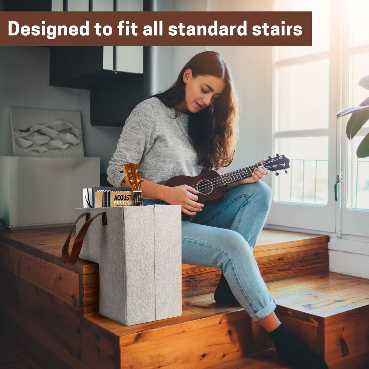 SAM AND MABEL stair basket with reinforced handles for easy transport.