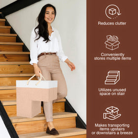Sam and Mabel stair basket on carpeted stairs boosts organization.