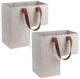SAM AND MABEL stair basket on stairs reduces clutter and saves space.