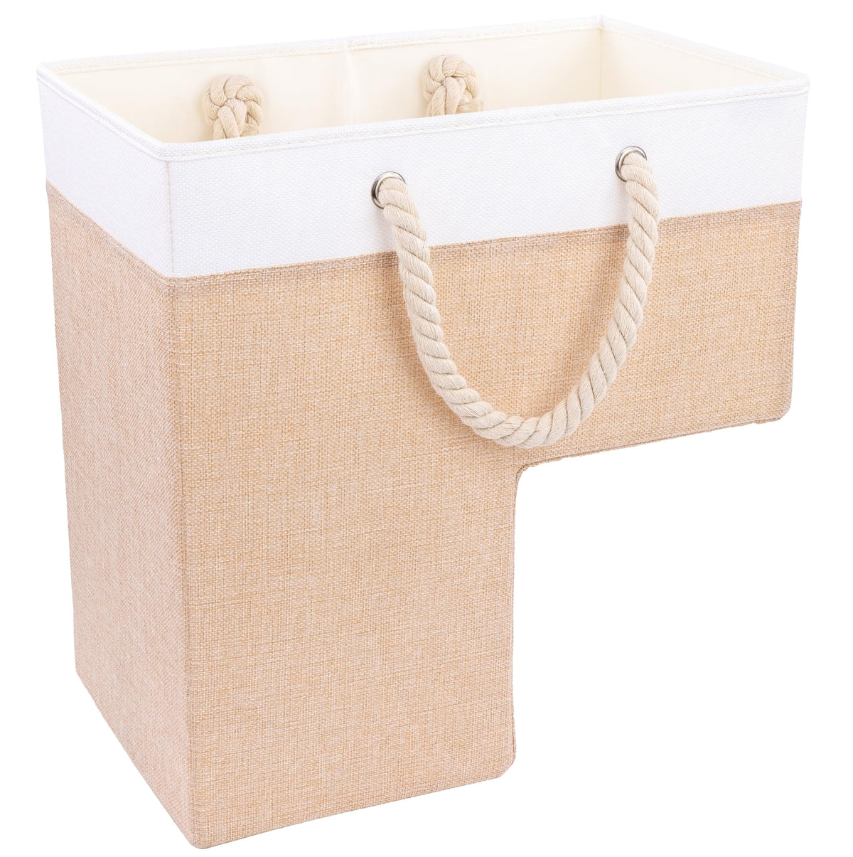 Sam and Mabel stair basket on stairs keeps clutter away and adds warm beige style.