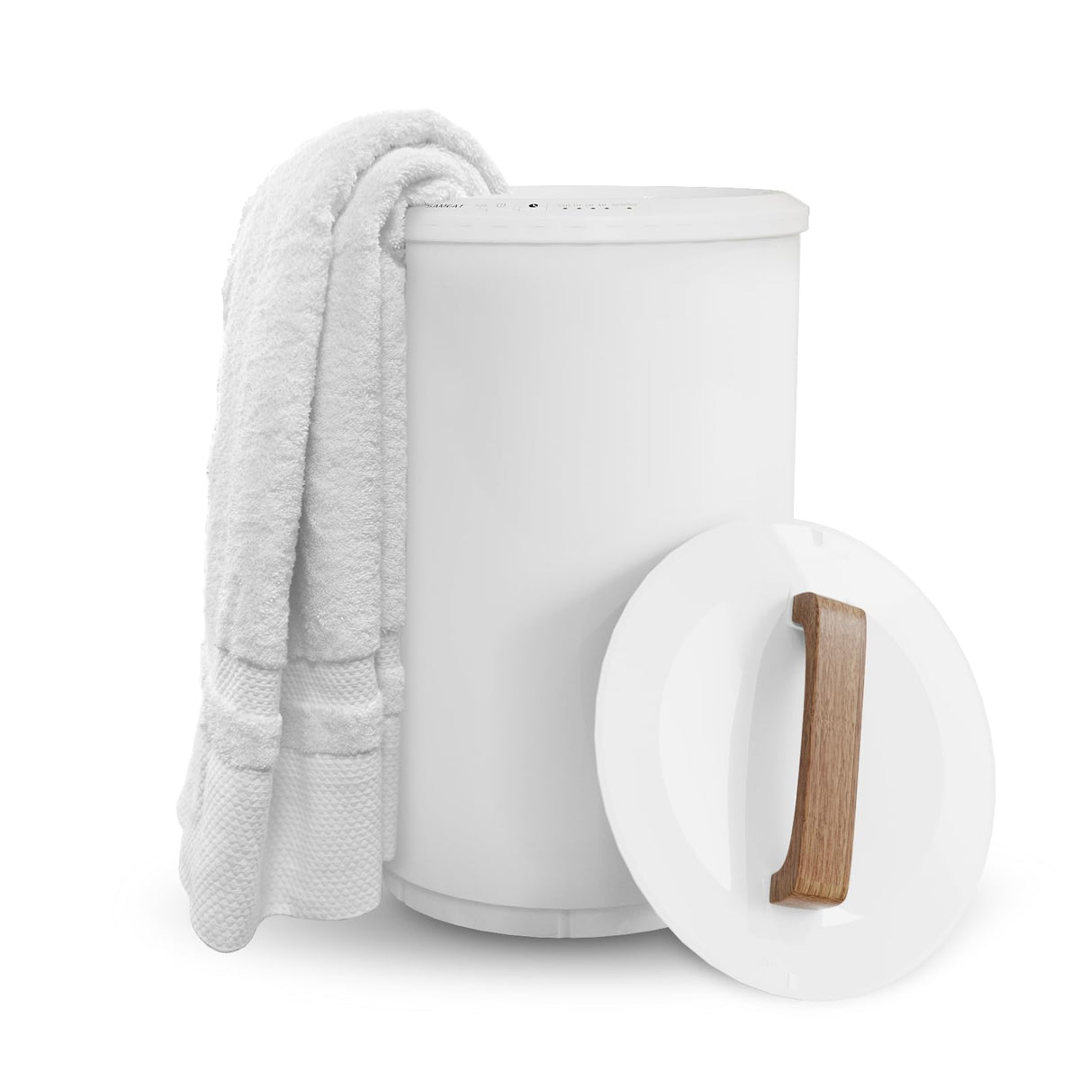 SAMEAT heated towel warmer bucket front view with oversized towels ready for warmth