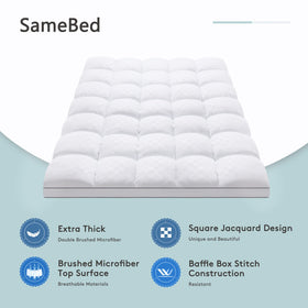 SameBed king deep-pocket topper with 360-wrap keeps it secure on the bed.