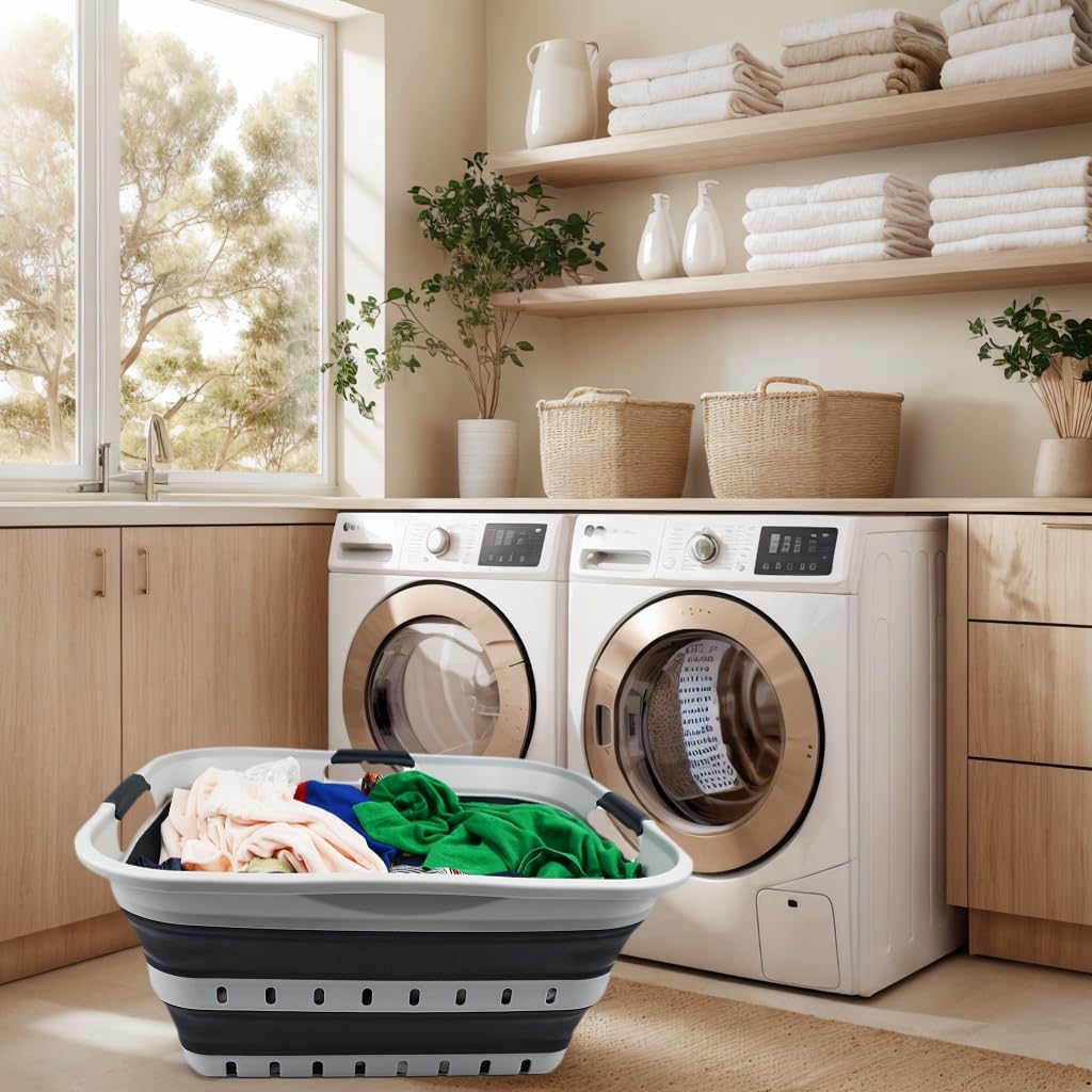 SAMMART 42L collapsible laundry basket side view shows stable straight walls