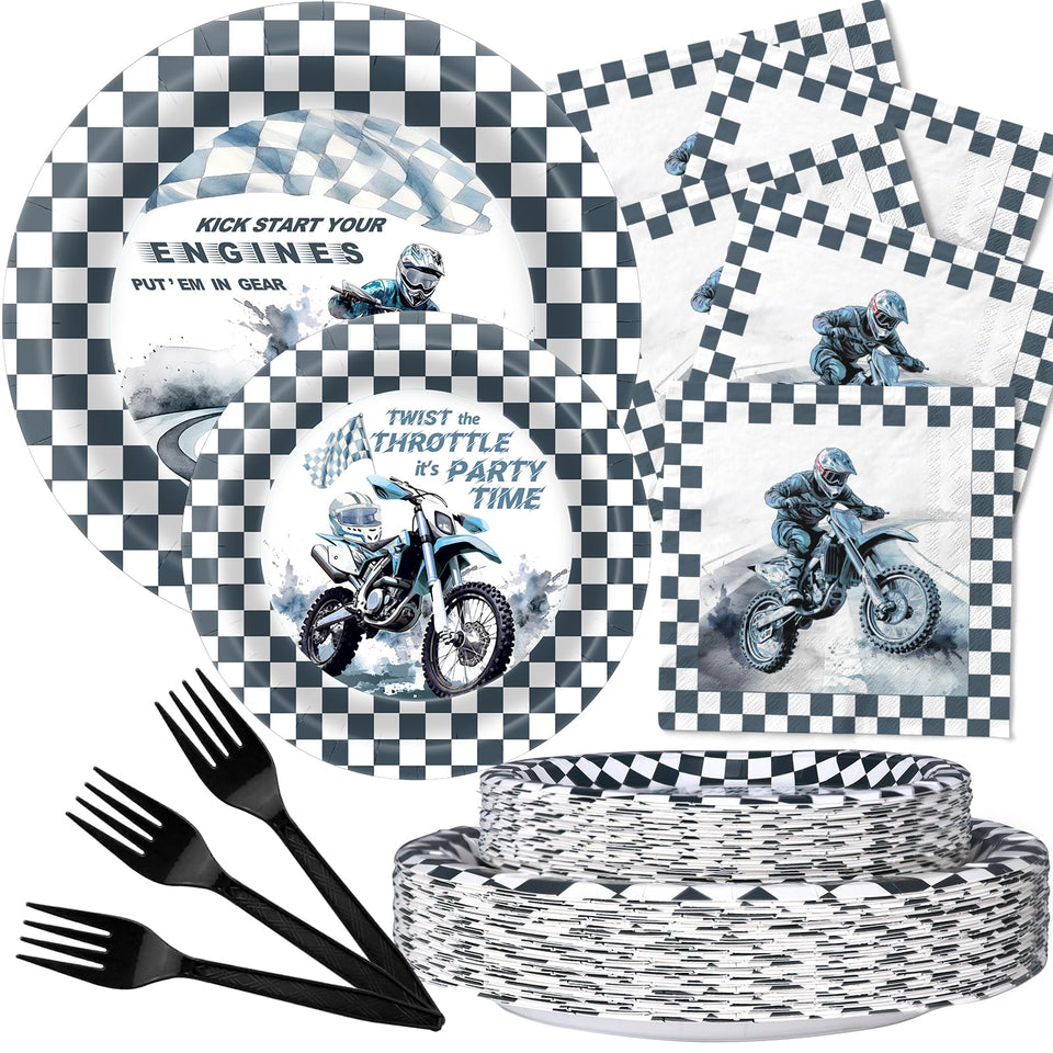 SamPartyShop dirt bike party plates with bold motocross design for a vibrant birthday table