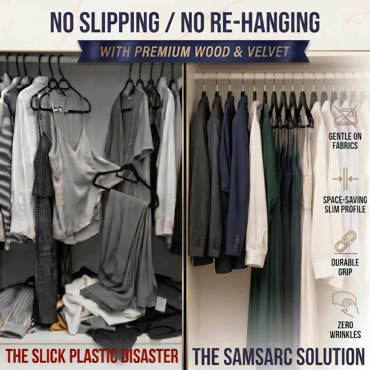 Samsarc 360-degree swivel hook for easy closet access.