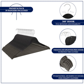 Samsarc contoured wood hangers preserve garment shape and shoulders.