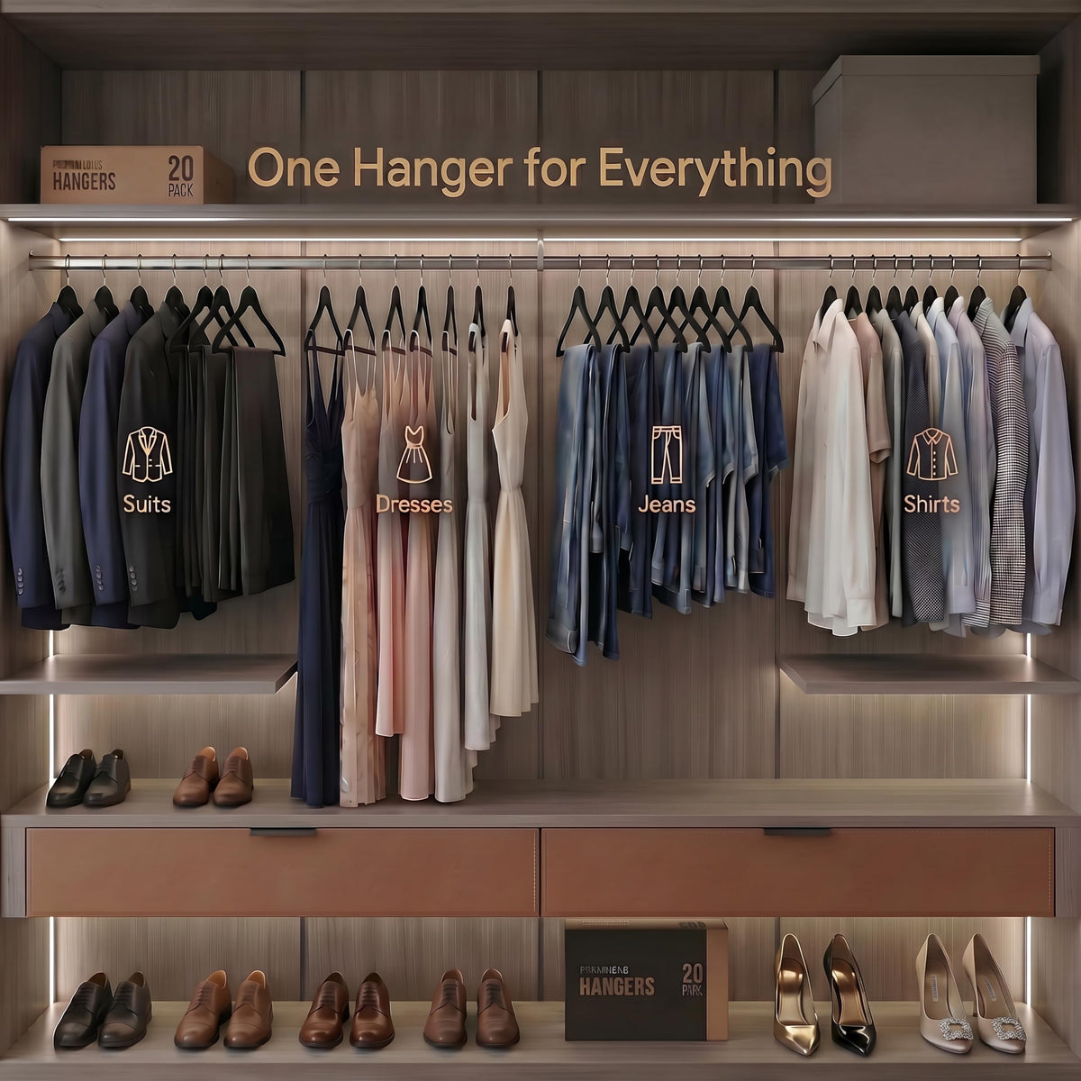 Samsarc luxury wood hangers elevate closet display with refined finish.